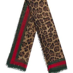 Gucci Leopard Print Web Trim Silk Blend Shawl